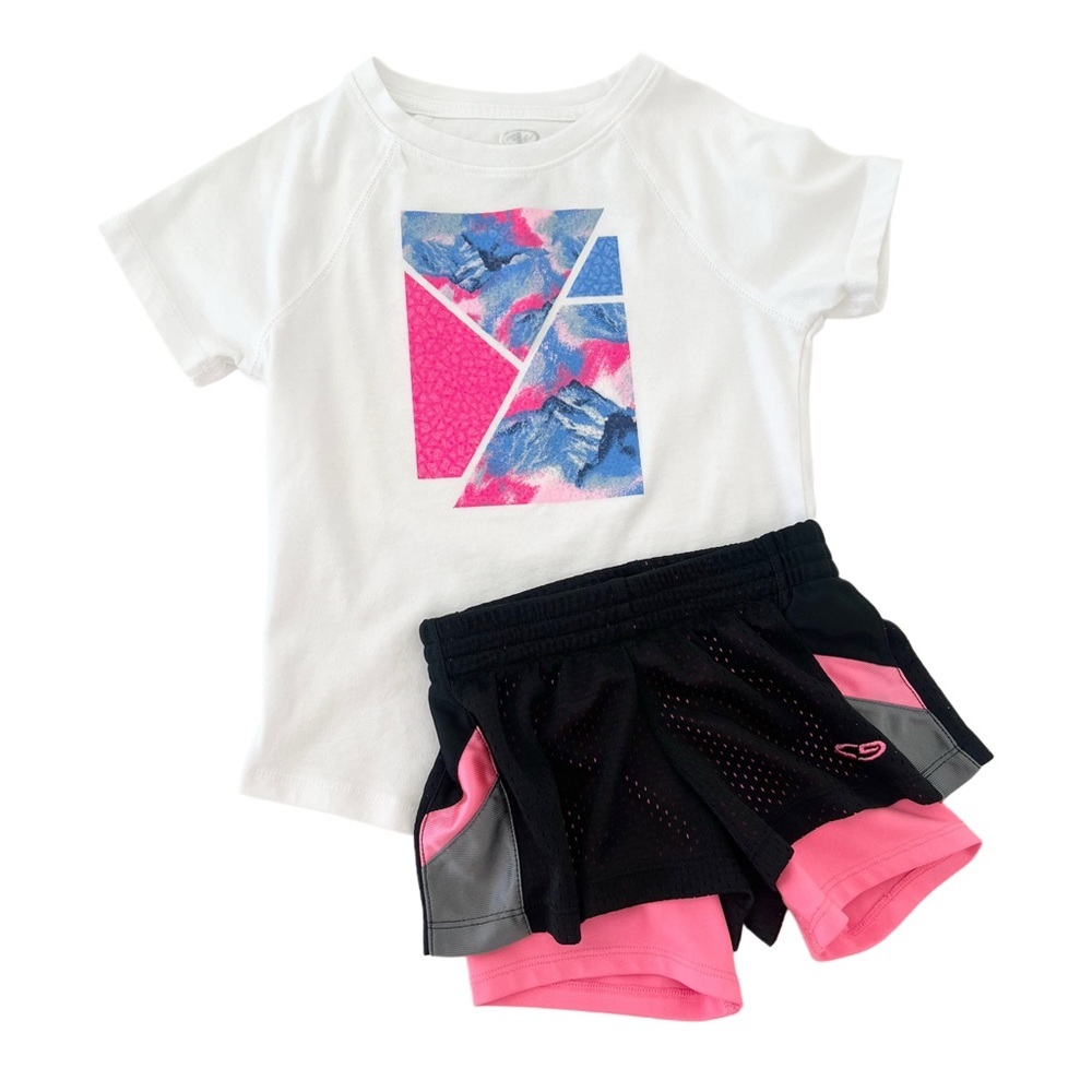 Champion Kids White T-shirt & Black Shorts Set w/ Pink & Blue Accents | Girl XS